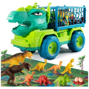 Caminhão Transportador de Dinossauros com 8 Dinossauros, Tapete de Atividades, Ovos de Dinossauro, Árvores e Jogo para Crianças Acima de 3