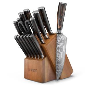 Conjunto de Facas de Cozinha Yatoshi Professional 15 Peças Marrom com Bloco em Acácia e Cabo Pakkawood