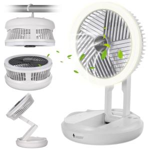 Ventilador de Mesa Portátil Dobrável Recarregável com 4 Velocidades e Gancho, 3.7V Retido, Branco e Cinza