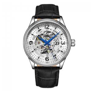 Relógio Automático Stuhrling Dinamarca 42mm, Mostrador Branco, Pulseira Couro Preto e Fivela Prata Tang
