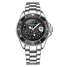 Relógio Stuhrling StarSea 39mm, Mostrador Preto, Pulseira Aço Inoxidável Prateada com Fivela de Implantação
