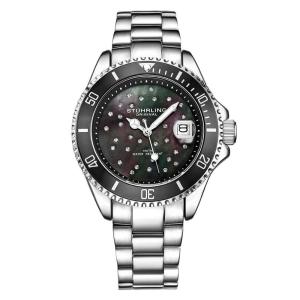 Relógio Stuhrling StarSea 39mm, Mostrador Preto, Pulseira Aço Inoxidável Prateada com Fivela de Implantação
