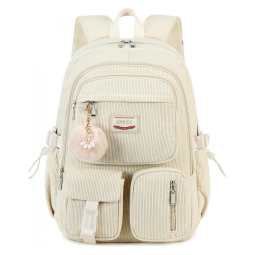 Mochila escolar de veludo cotelê QHRIDS bege para notebook 15,6", múltiplos bolsos, alça para mala