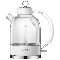ASCOT Chaleira Elétrica de Vidro 1.7L, Aço Inoxidável, 1500W, 110V, Branca