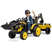 Trator Infantil Elétrico GarveeLife Amarelo 24V 3 em 1 Escavadeira Buldôzer Trailer Controle Remoto Luzes LED Bluetooth