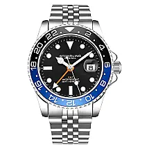 Relógio Stuhrling Meridian GMT 42mm Masculino Mostrador Preto Pulseira Aço Inoxidável Prateado