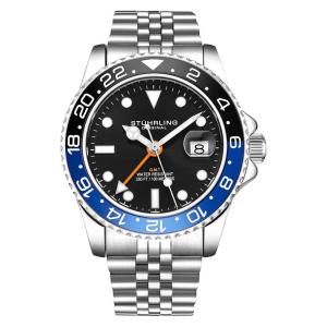 Relógio Stuhrling Meridian GMT 42mm Masculino Mostrador Preto Pulseira Aço Inoxidável Prateado
