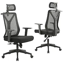 Cadeira de Escritório Ergonômica Giratória com Apoio de Braços, Suporte Lombar Ajustável e Apoio de Cabeça, FENICHI, Preto