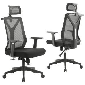 Cadeira de Escritório Ergonômica Giratória com Apoio de Braços, Suporte Lombar Ajustável e Apoio de Cabeça, FENICHI, Preto