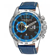Relógio de pulso masculino Concorso Laureate 210B com cronógrafo de 48 mm, mostrador preto e pulseira de couro azul, Stuhrling.