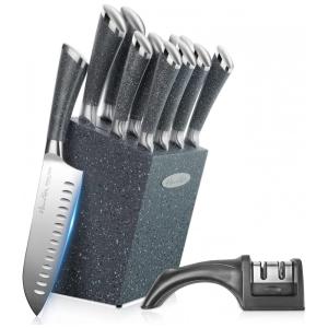 Conjunto de Facas em Aço Inoxidável com Bloco de Bancada e Lâminas Antiaderentes, 13 Peças, Harriet, Cinza