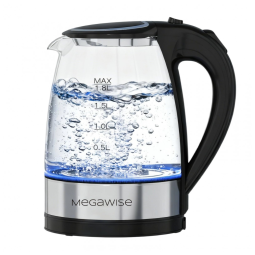 Chaleira Elétrica de Vidro Capacidade 1.8 L 1500W com Luz LED, MEGAWISE, Prateado