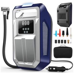 Compressor de Ar com Fio Portátil 150 PSI com Display Digital, Luz LED e Acessórios, 12V, FBK, Azul Escuro