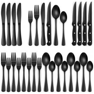 Jogo de Talheres Sofisticado Preto de 24 Peças com Facas de Churrasco - Aço Inox Premium p/ Casa e Restaurante - Design Ergonômico