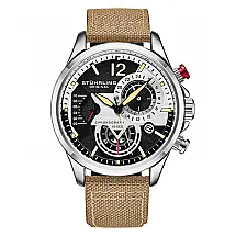 Relógio Stuhrling Aviador 45mm Mostrador Preto e Prata, Pulseira Couro Bege e Fivela Prata