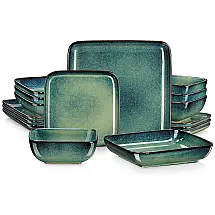 Conjunto de Jantar Vancasso 16 Peças Quadradas em Cerâmica com Esmalte Reativo Verde