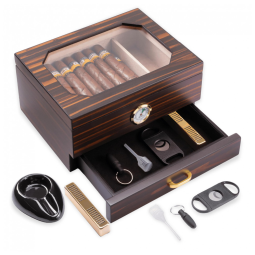 Umidor de Cedro Espanhol para 25-50 Charutos com Acessórios e Armazenamento, Higrômetro, Umidificador, Cinzeiro e Cortador - Apreciador