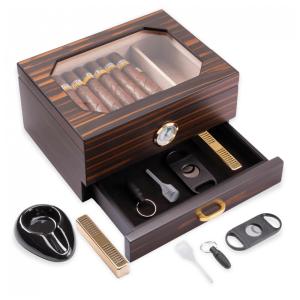 Umidor de Cedro Espanhol para 25-50 Charutos com Acessórios e Armazenamento, Higrômetro, Umidificador, Cinzeiro e Cortador - Apreciador