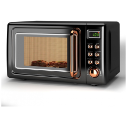 Forno micro-ondas de bancada LDAILY retrô dourado, 700W, 5 níveis de potência, menus automáticos, prato giratório, trava de segurança