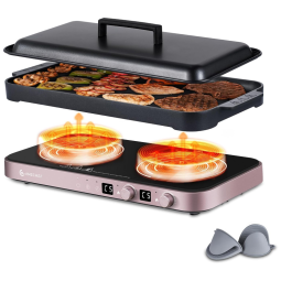 Cooktop Elétrico de Indução Portátil com Queimador Duplo, Frigideira de Ferro Fundido Removível Antiaderente, Sensor de Toque