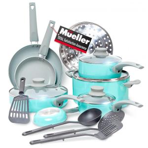 Jogo de Panelas e Frigideiras com Revestimento Antiaderente, Vaporizador de Aço Inoxidável, Tampas de Vidro, 16 Peças, Mueller
