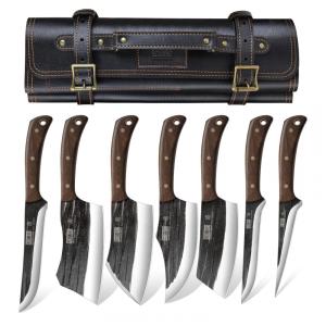 Conjunto de Facas de Açougueiro HOSHANHO, Forjadas à Mão com Bolsa de Rolagem, Faca Afiada para Carnes e Ossos - Kit Açougueiro