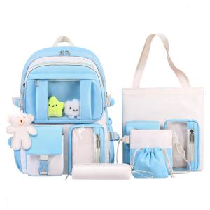 Mochila HORHREAR Kawaii 5 em 1 escolar transparente, com pelúcia e estojo, azul claro