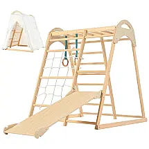 Playground OLLIKIVI Parquinho Indoor Jungle Gym, Brinquedo de Escalada Montessori de Madeira com Tenda, Escorregador, Argolas e Rede para