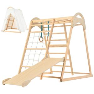 Playground OLLIKIVI Parquinho Indoor Jungle Gym, Brinquedo de Escalada Montessori de Madeira com Tenda, Escorregador, Argolas e Rede para
