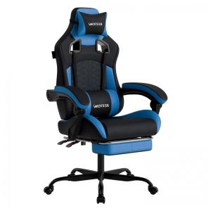 Cadeira Gamer Reclinável e Giratória com Apoio para os Pés e Cabeça, WOTSTA , Preta e Azul