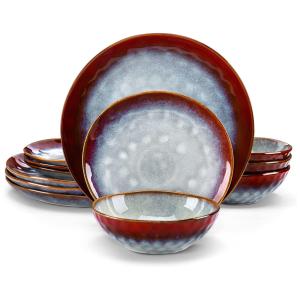 Aparelho de Jantar com 12 Peças Incluindo Pratos e Bowls de Cerâmica, Vancasso Starry, Vermelho
