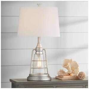 Luminária de Mesa Vintage em Metal e Abajur de Tecido, FRANKLIN IRON WORKS 9H334, Prateado