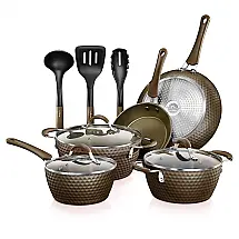 Conjunto de Panelas e Frigideiras Antiaderentes em Alumínio com Utensílios, 11 Peças, NutriChef NCCW11COF, Marrom