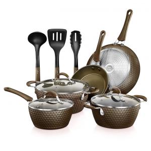 Conjunto de Panelas e Frigideiras Antiaderentes em Alumínio com Utensílios, 11 Peças, NutriChef NCCW11COF, Marrom