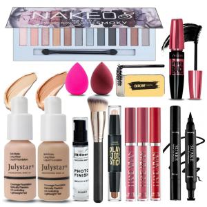 Kit de Maquiagem Completo Tudo em Um Geyomi, 12 Cores de Sombra, Base e Primer, Batom Líquido, Eyeliner, Máscara, Contorno