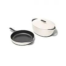 Duo de Ferro Fundido Esmaltado Caraway 4 Peças Creme Frigideira 30 cm Dutch Oven 8 Litros Livre de PFAS