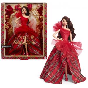 Boneca colecionável Barbie Signature Holiday 2024 vestido xadrez com laço vermelho, cabelo castanho escuro, embalagem para exposição