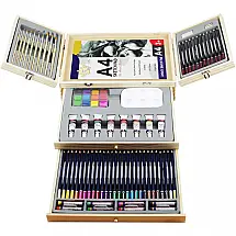 Kit Lápis de Cor Profissional com Maleta de Madeira 88 peças Tintas Acrílicas, Aquarela com 2 Livros de Desenho, LUCKY CROWN B 83 2, Marrom
