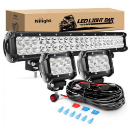 Kit Barra LED e Farol de Milha LED Off Road com Cabos e Suporte, 126W 12V 24V, Nilight ZH001, Preto