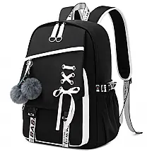Mochila FENGDONG preta para adolescentes, estilo kawaii com laço e pompom, para notebook até 15,6"
