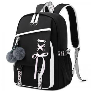 Mochila FENGDONG preta para adolescentes, estilo kawaii com laço e pompom, para notebook até 15,6"