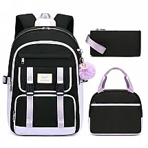 Mochila LXYGD 3 em 1 preta e roxa para notebook até 16", com lancheira e estojo, impermeável