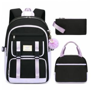 Mochila LXYGD 3 em 1 preta e roxa para notebook até 16", com lancheira e estojo, impermeável