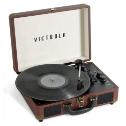 Toca Discos Portátil Vintage com Bluetooth, 3 Velocidades e Alto-falantes Embutidos, Victrola, Marrom