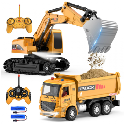 Conjunto de Brinquedos de Caminhão Basculante e Escavadeira de Controle Remoto - Veículos de Construção RC com Barreiras
