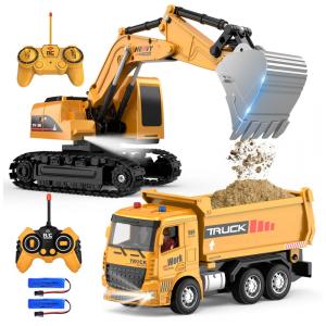 Conjunto de Brinquedos de Caminhão Basculante e Escavadeira de Controle Remoto - Veículos de Construção RC com Barreiras