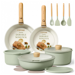 Jogo de Panelas CAROTE, Jogo de Utensílios de Cozinha Antiaderente com Cabo Removível, 15 peças Verde Sálvia