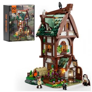 Miniatura Loja de Botica Medieval FUNWHOLE Branca + Iluminação LED + 1470 Peças + Figuras Animais - Modelo F9024-MT 110V