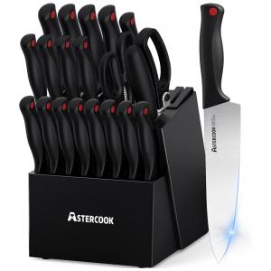 Conjunto de Facas com Bloco de Bancada e Cabo Ergonômico, 21 Peças, Astercook, Preto