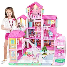 Casa de Bonecas com Elevador, Luzes, 4 Andares e 14 quartos para Crianças de 3 a 12 Anos, Kirumie, Rosa